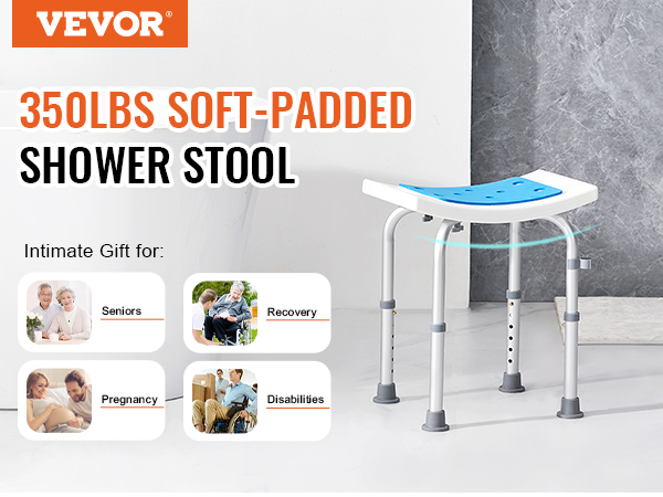 VEVOR shower chair with 350lbs capacity, soft-padded seat, ideal for seniors, recovery, pregnancy, disabilities.