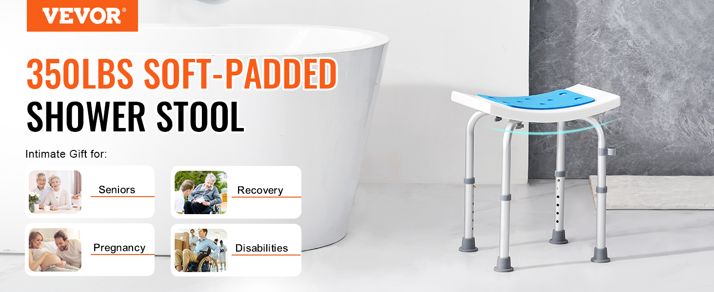 VEVOR shower chair with 350lbs capacity, soft-padded seat, ideal for seniors, recovery, pregnancy, disabilities.