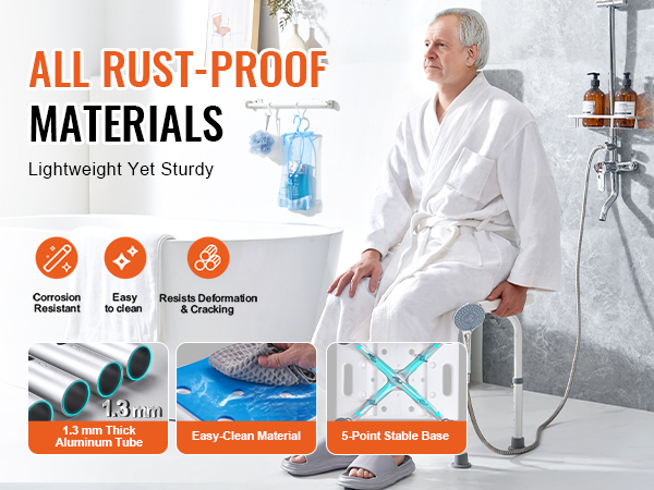 VEVOR shower chair: all rust-proof materials, 1.3 mm thick aluminum tube, easy-clean material, stable base.