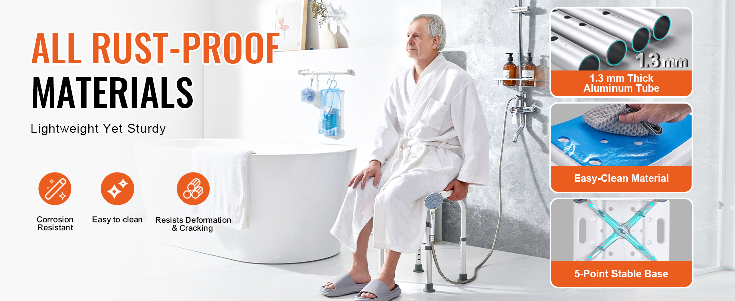 VEVOR shower chair: all rust-proof materials, 1.3 mm thick aluminum tube, easy-clean material, stable base.
