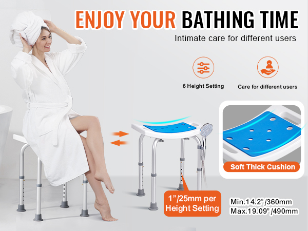 VEVOR shower chair with soft thick cushion, adjustable height, and curved seats for enhanced comfort.