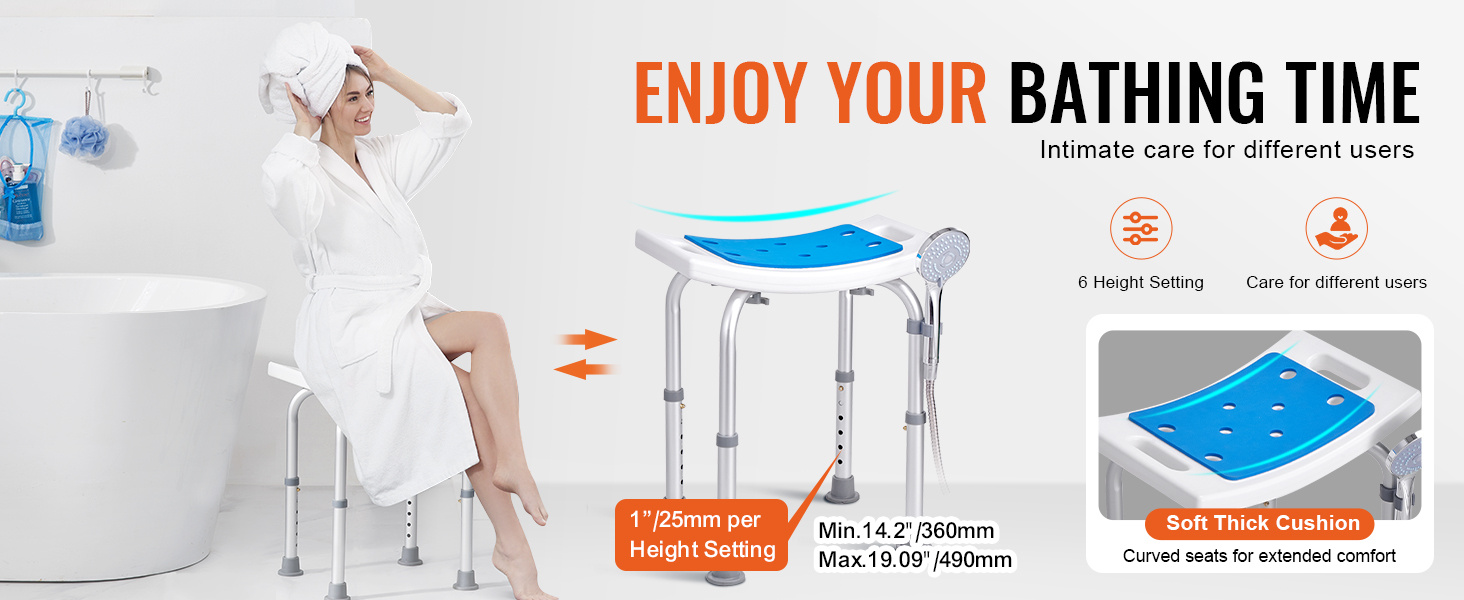 VEVOR shower chair with soft thick cushion, adjustable height, and curved seats for enhanced comfort.