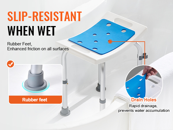 slip-resistant VEVOR shower chair with rubber feet and drain holes for enhanced safety and rapid drainage.