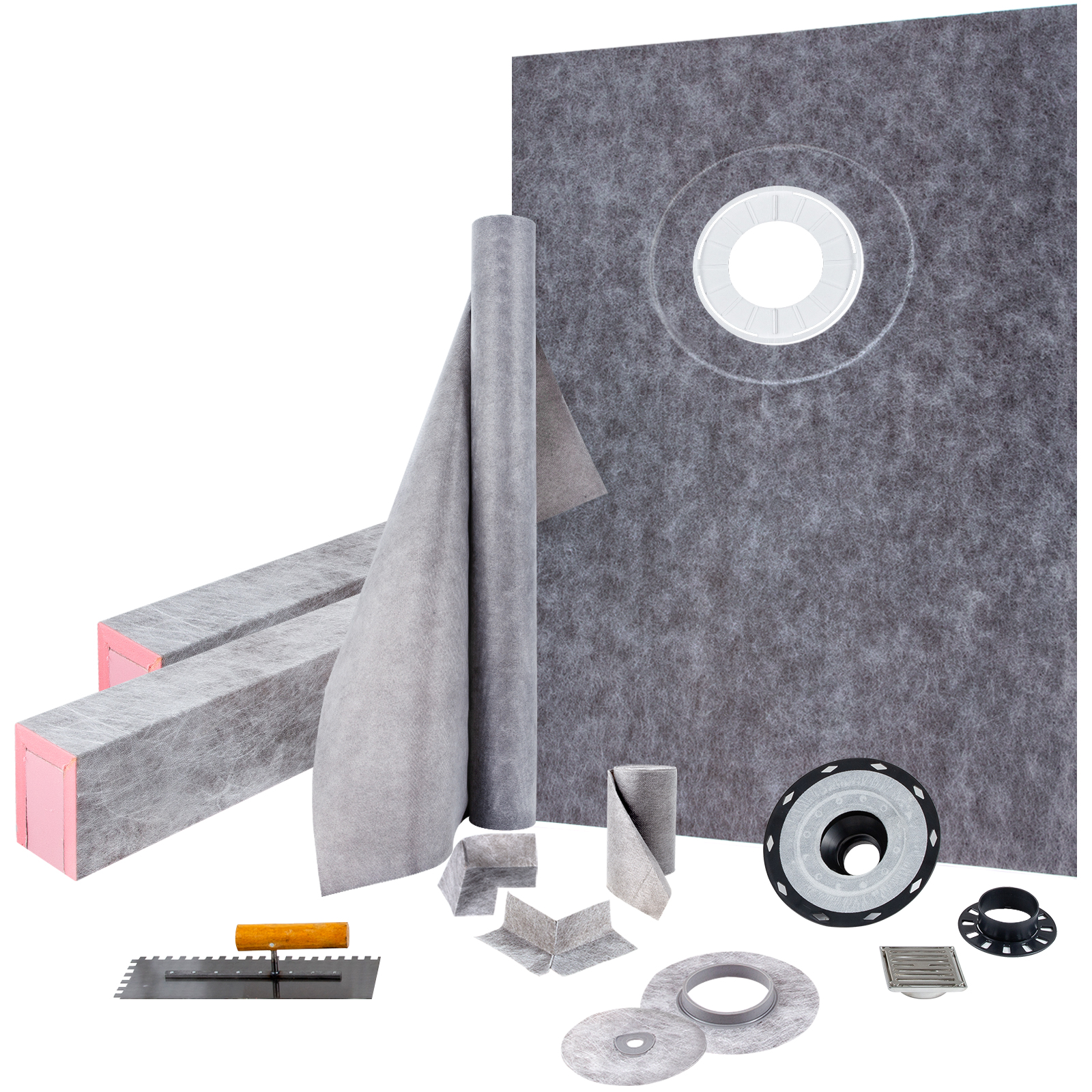 VEVOR shower curb kit including waterproof board, curb, fabric, drain, and accessories.