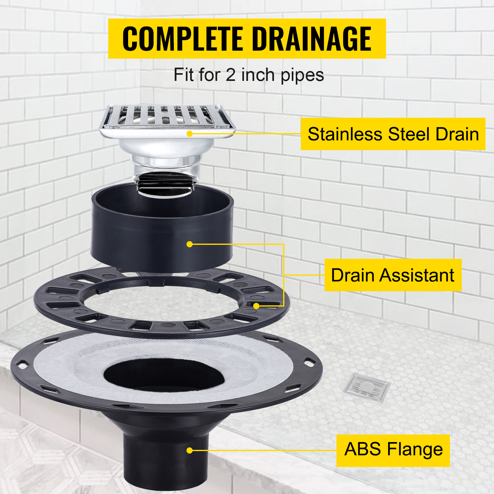 complete drainage diagram for VEVOR shower curb kit with stainless steel drain