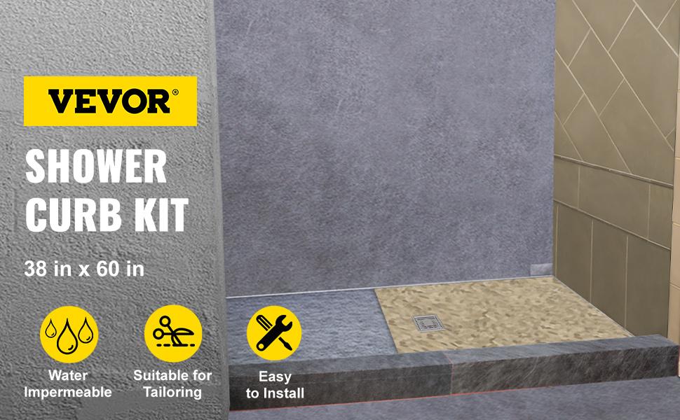 VEVOR shower curb kit, 38x60 in, water impermeable, easy to install, custom fit.