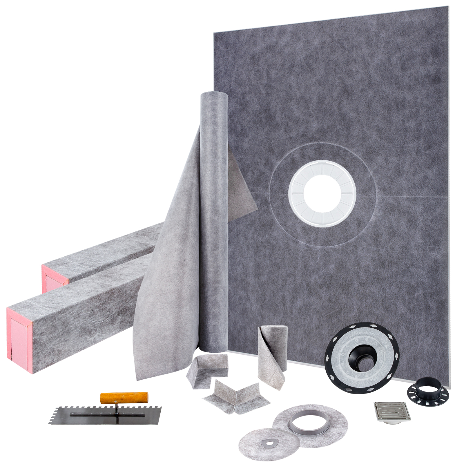 VEVOR shower curb kit with waterproof membrane, drain, and trowel tools.