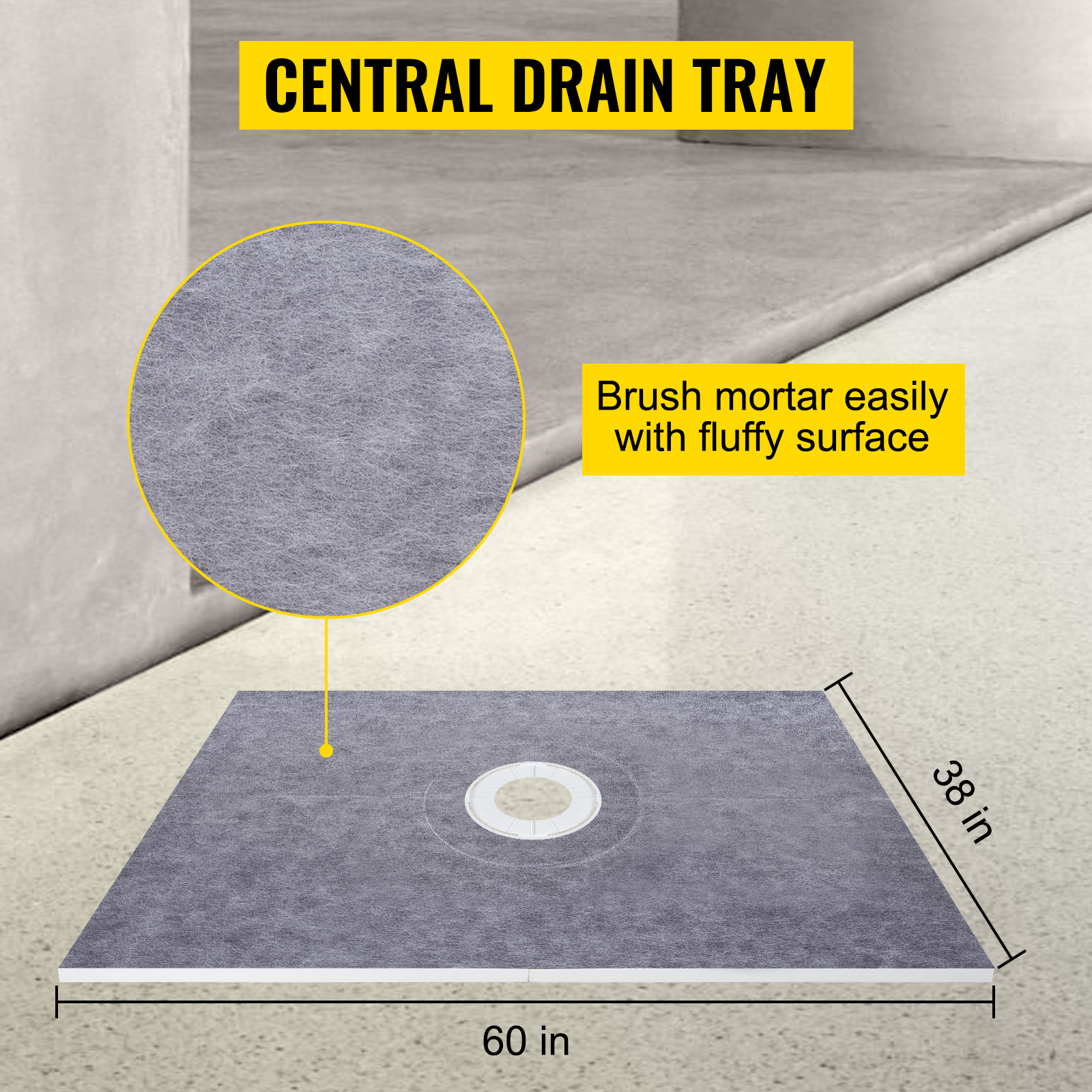 central drain tray with fluffy surface, 60x38 in, for VEVOR shower curb kit.