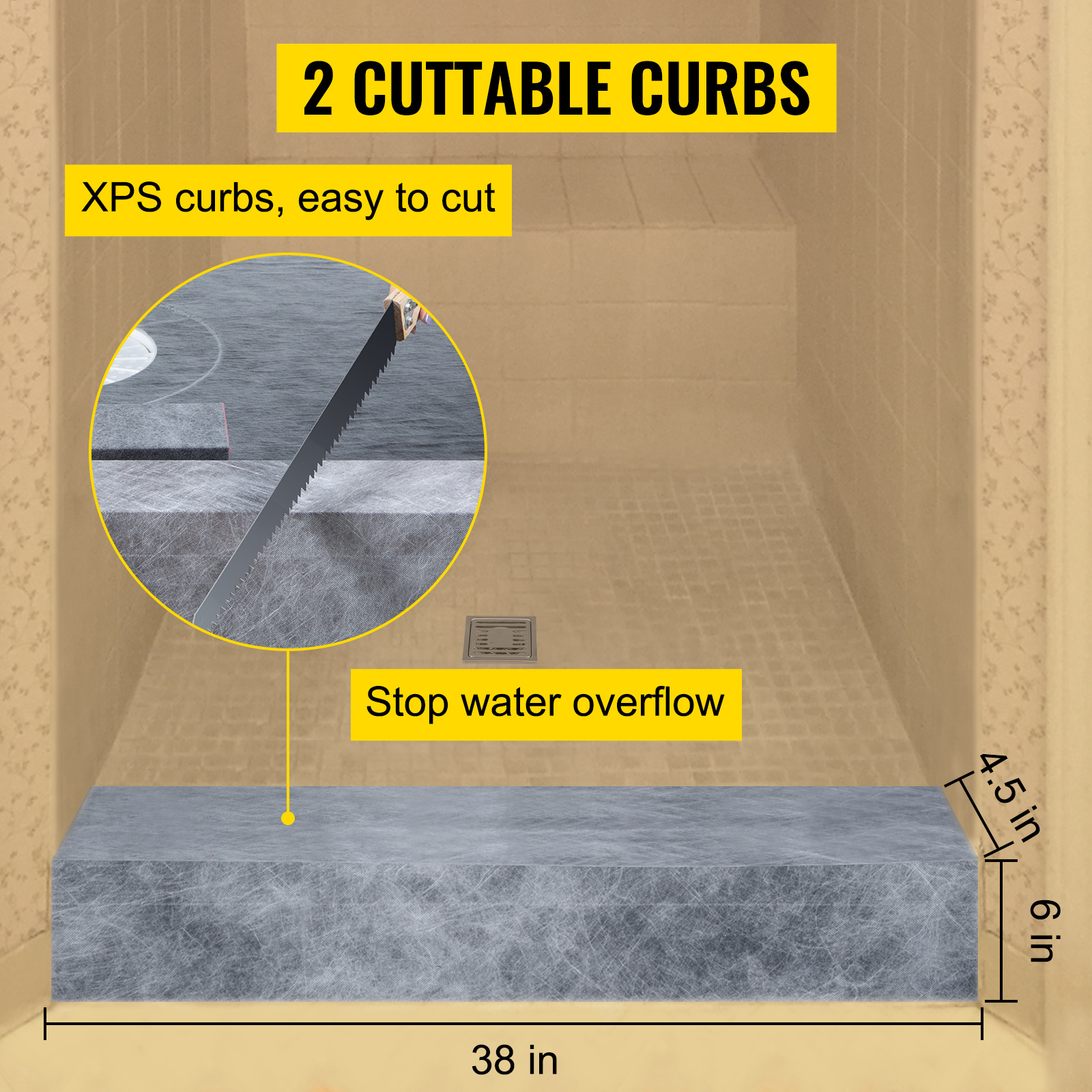 VEVOR shower curb kit with two cuttable xps curbs to stop water overflow.