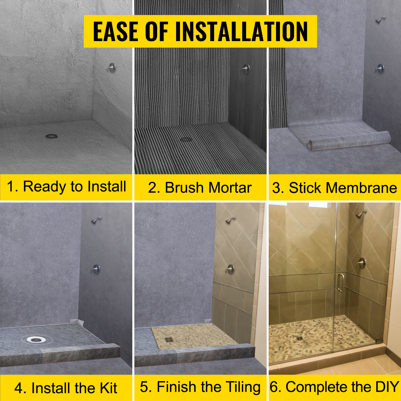 VEVOR shower curb kit installation steps: mortar, membrane, tiling, complete.