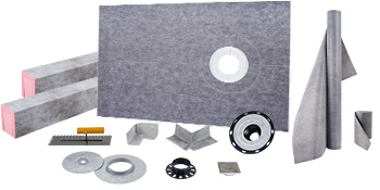 VEVOR shower curb kit components including drain, curb, and waterproofing membrane.