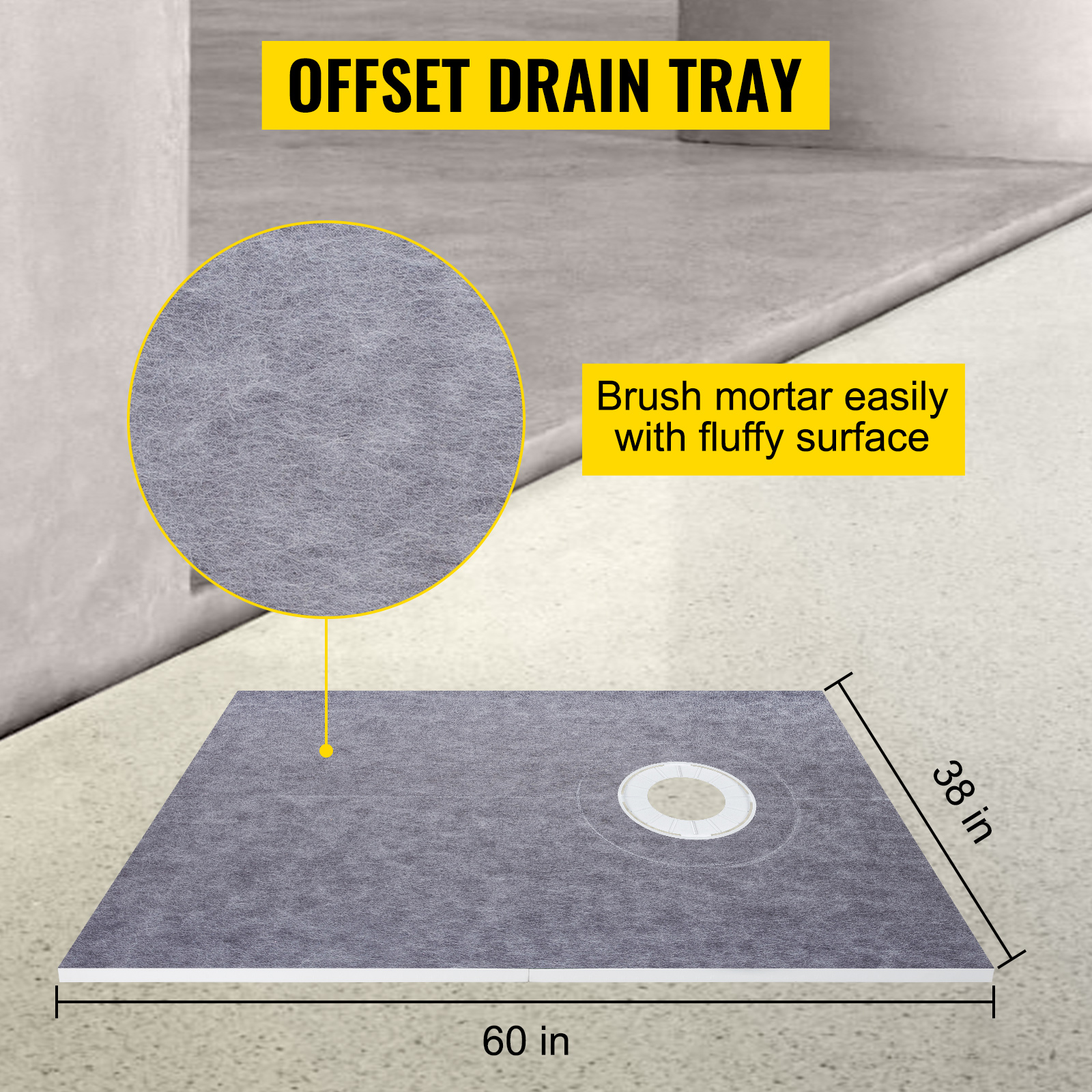 VEVOR shower curb kit offset drain tray with fluffy surface and dimensions.