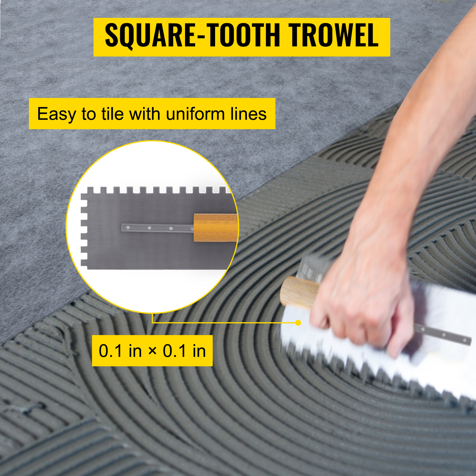 square-tooth trowel spreading adhesive with uniform lines, 0.1x0.1 in teeth for VEVOR shower curb kit.