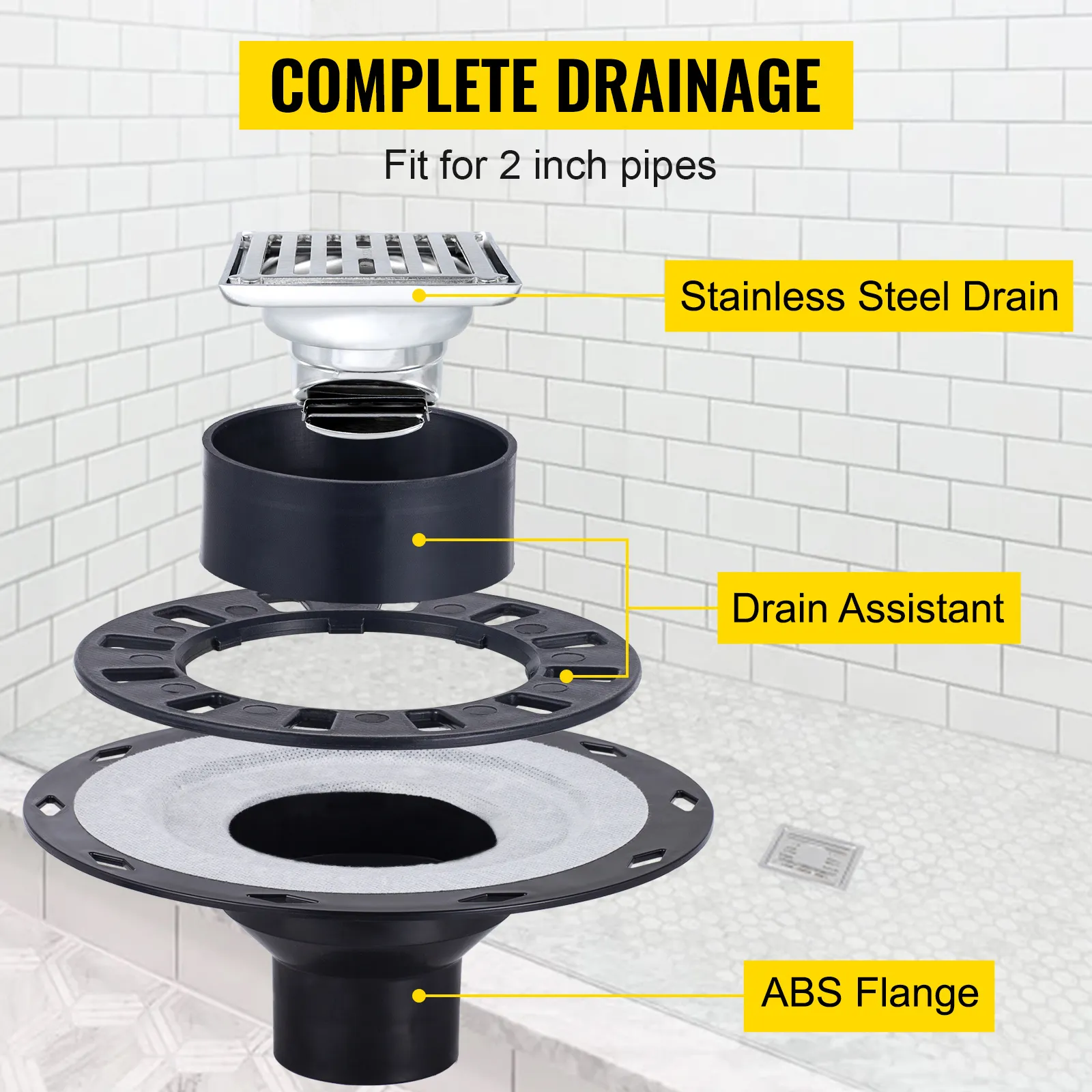 VEVOR shower curb kit with stainless steel drain and abs flange components.
