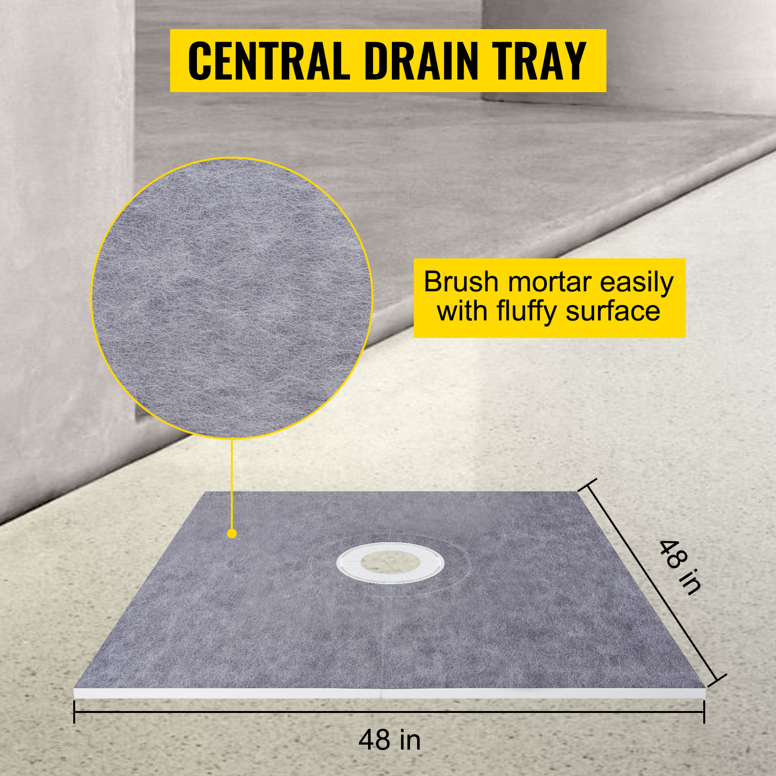 central drain tray from VEVOR shower curb kit, 48x48 inches with fluffy surface.