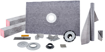 VEVOR shower curb kit components including waterproofing items and installation tools.