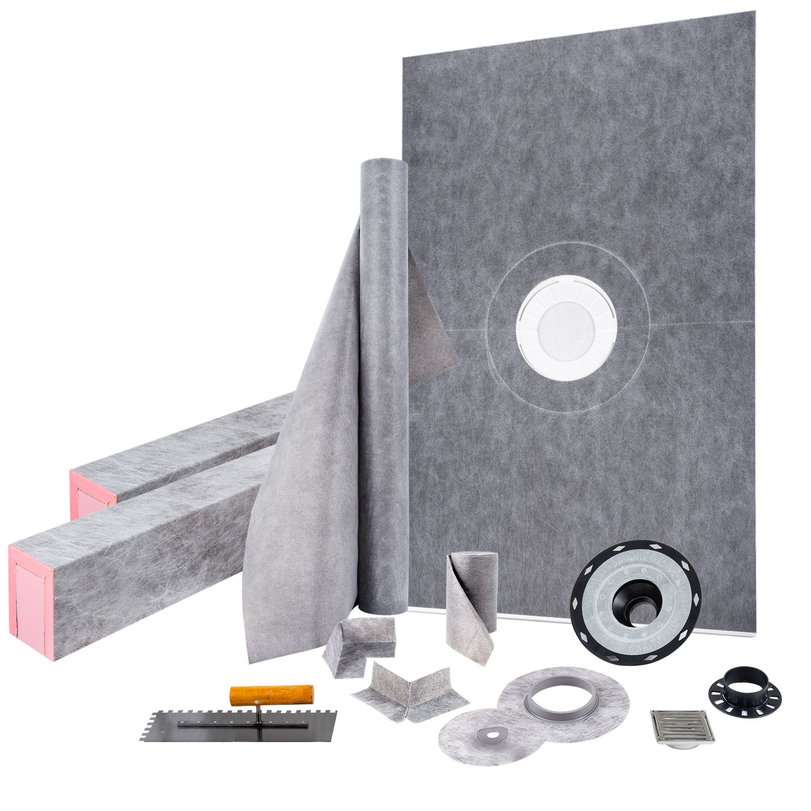 VEVOR shower curb kit with waterproofing components and installation tools.