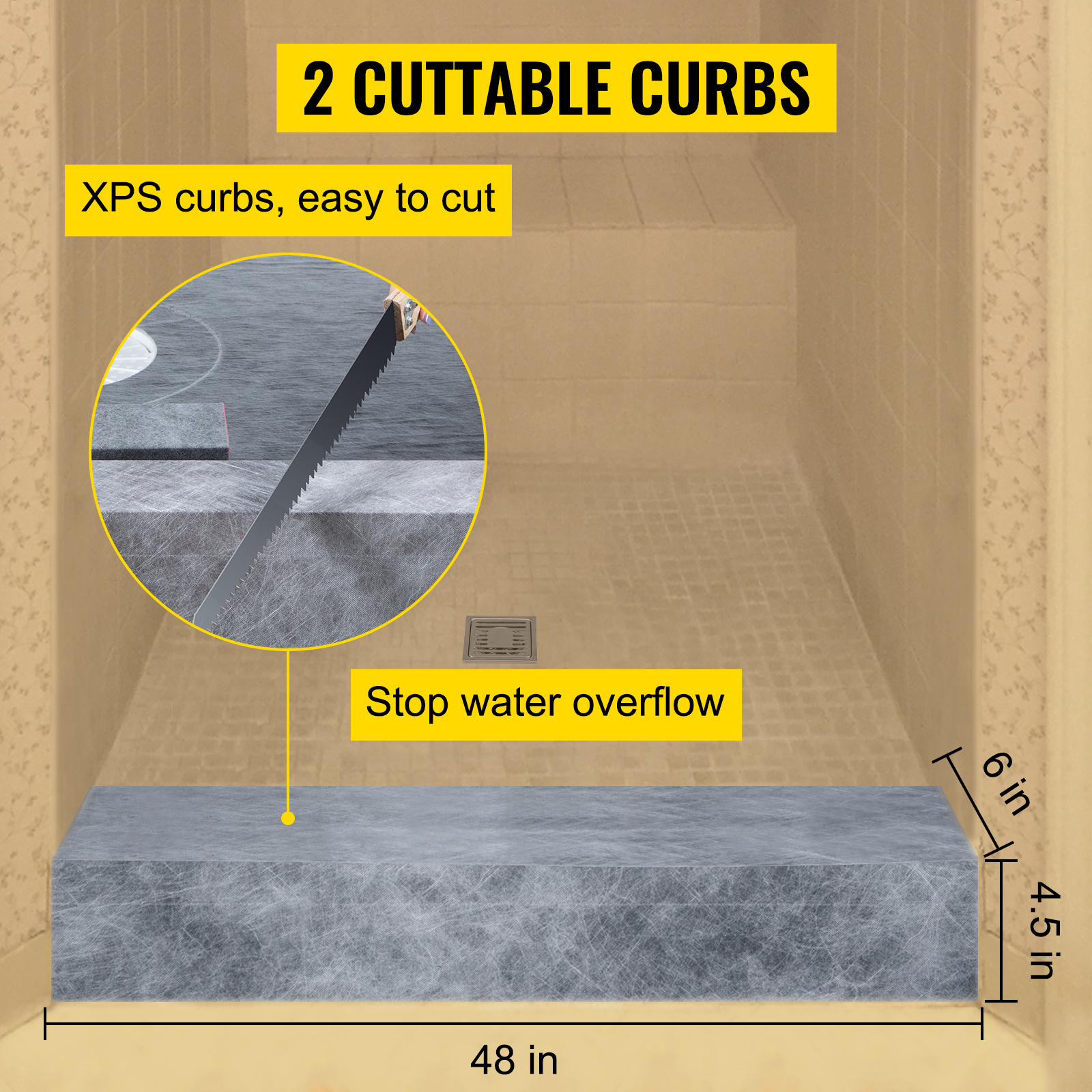 2 cuttable curbs in a shower, easy to cut, 48 in length. VEVOR shower curb kit.