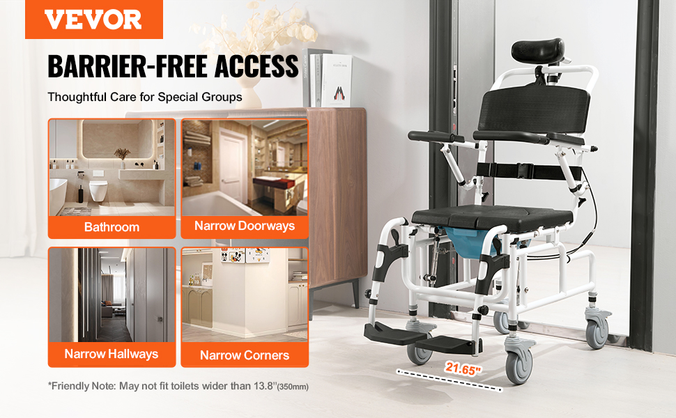 VEVOR shower wheelchair enables barrier-free access in bathrooms, narrow doorways, hallways, and corners.