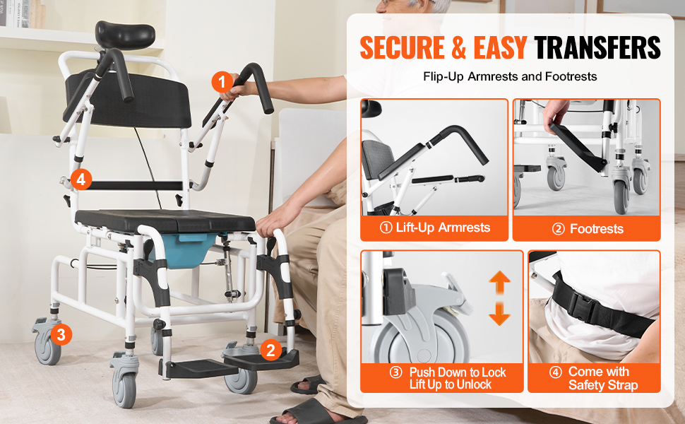 VEVOR shower wheelchair with lift-up armrests and footrests, safety strap, and push-to-lock wheels.