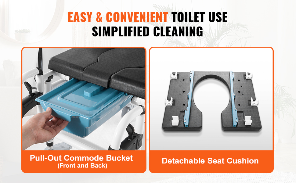 VEVOR shower wheelchair with pull-out commode bucket and detachable seat cushion for easy cleaning.