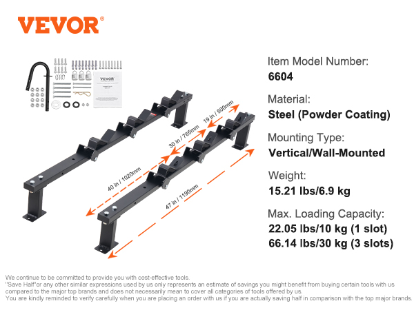 VEVOR trimmer rack model 6604, vertical/wall-mounted steel with powder coating, 15.21 lbs, 3 slots.
