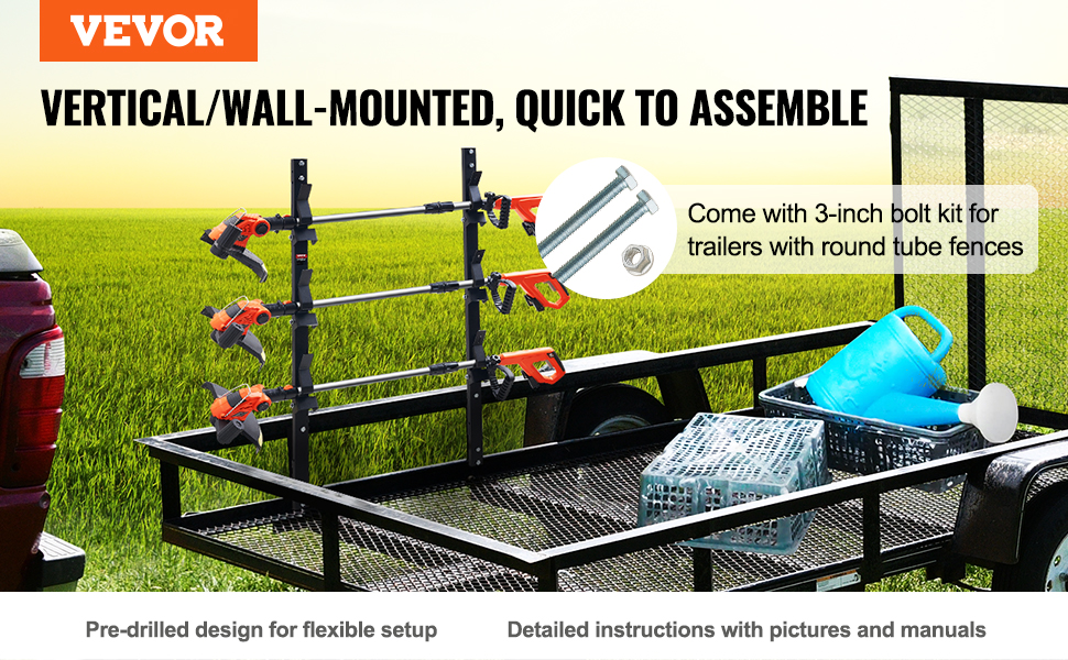 VEVOR trimmer rack mounted on a trailer with trimmers, bolts, and gardening tools in a field.