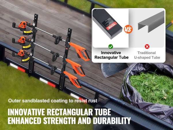VEVOR trimmer rack with rectangular tubes for enhanced strength and durability on a utility trailer.