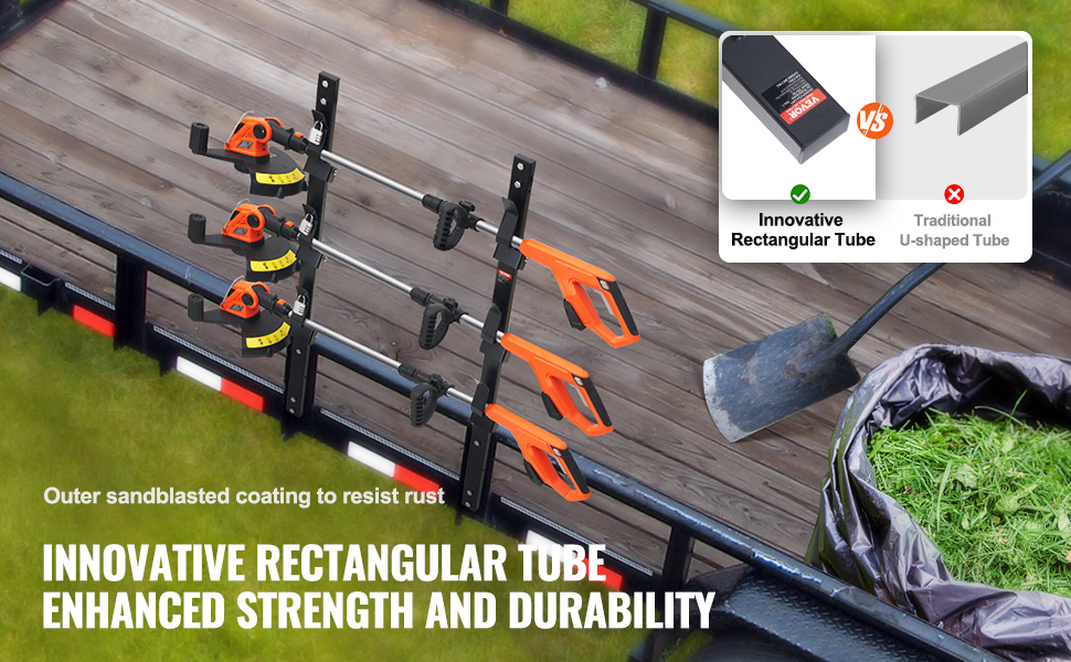 VEVOR trimmer rack with rectangular tubes for enhanced strength and durability on a utility trailer.