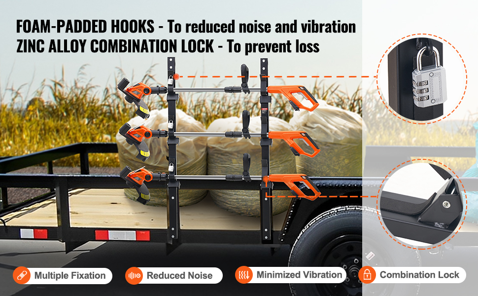 VEVOR trimmer rack with foam-padded hooks, combination lock, and trimmers mounted on a trailer.