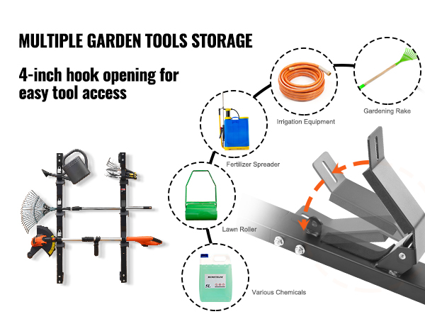 VEVOR trimmer rack for multiple garden tools storage with 4-inch hooks, before and after comparison.