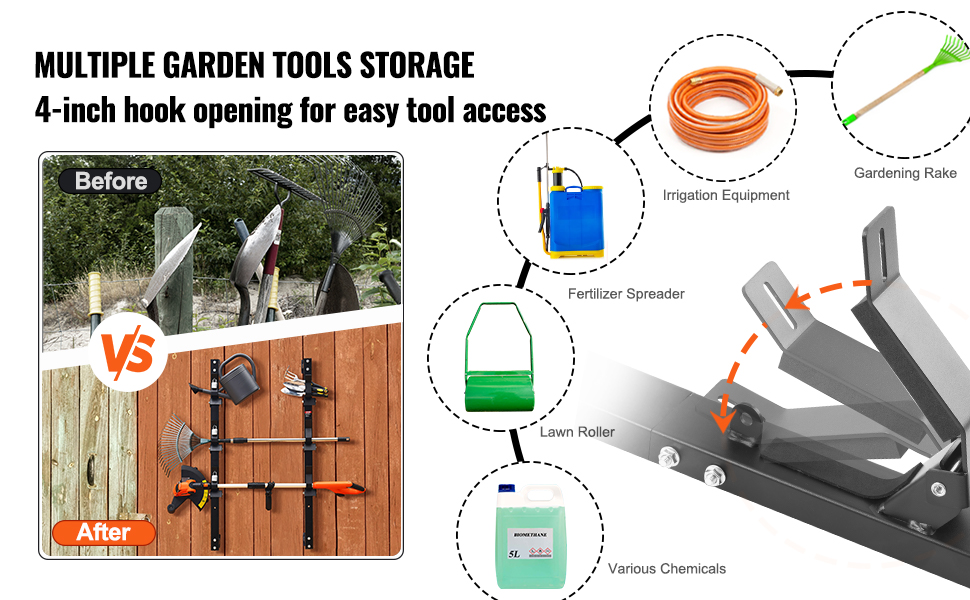 VEVOR trimmer rack for multiple garden tools storage with 4-inch hooks, before and after comparison.