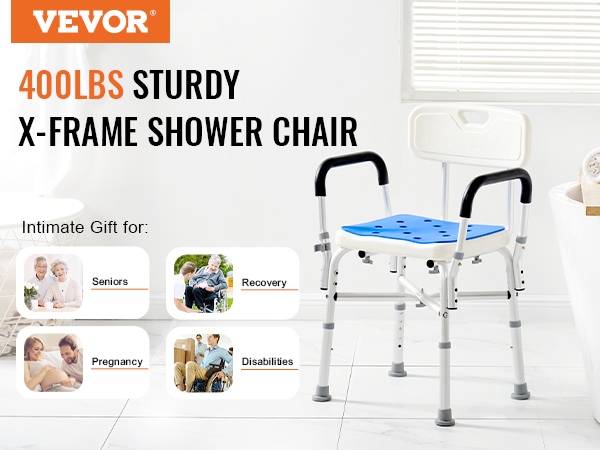 VEVOR shower chair for elderly with 400lbs capacity, ideal for seniors, recovery, pregnancy, disabilities.