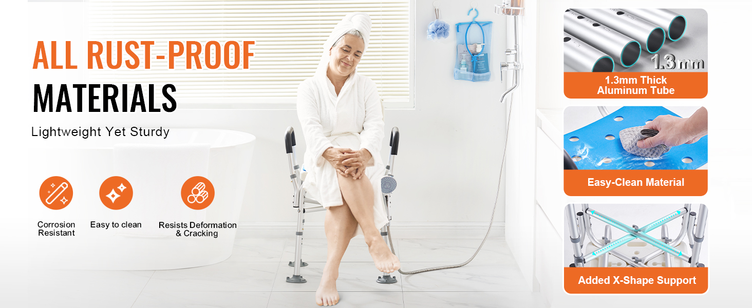 lightweight VEVOR shower chair for elderly with rust-proof materials, easy-clean, and x-shape support.