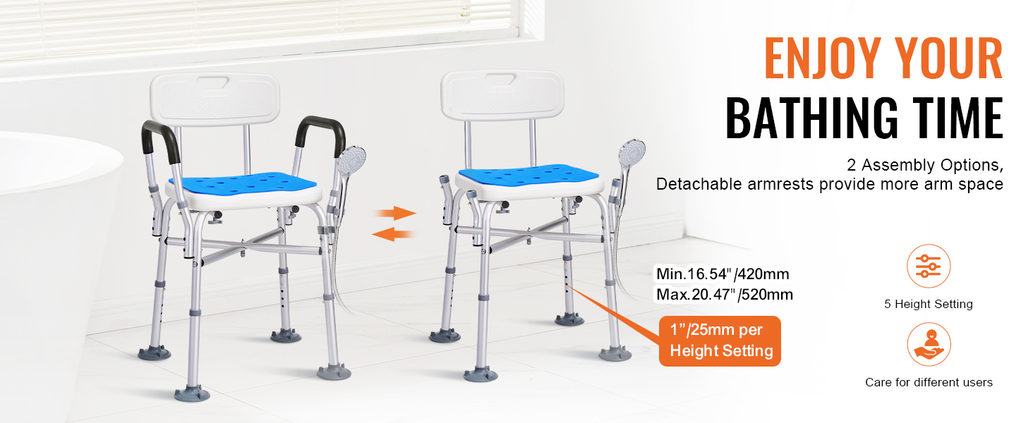 VEVOR shower chair for elderly with adjustable height and detachable armrests for enhanced comfort.