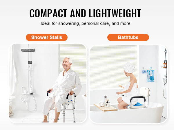 VEVOR shower chair for elderly: compact, lightweight, ideal for showering, personal care in stalls and bathtubs.