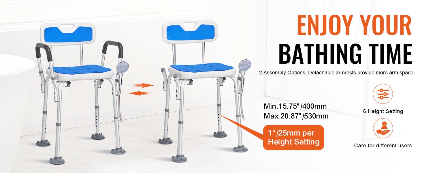 VEVOR shower chair with adjustable height, detachable armrests, and blue seat for maximum comfort.