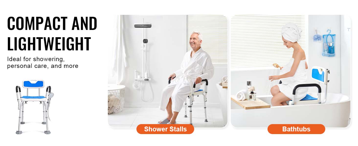 VEVOR shower chair, perfect for shower stalls and bathtubs, providing compact and lightweight support.