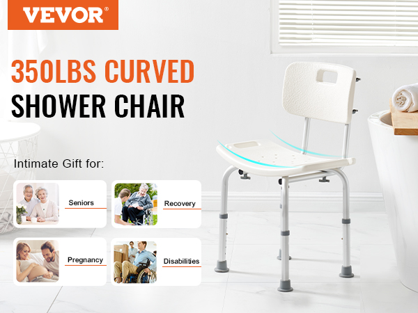VEVOR shower chair next to a bathtub, ideal for seniors, recovery, pregnancy, and disabilities.