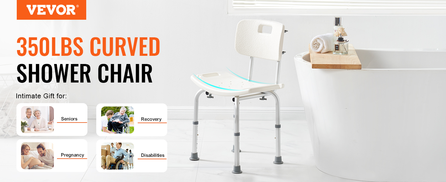 VEVOR shower chair next to a bathtub, ideal for seniors, recovery, pregnancy, and disabilities.