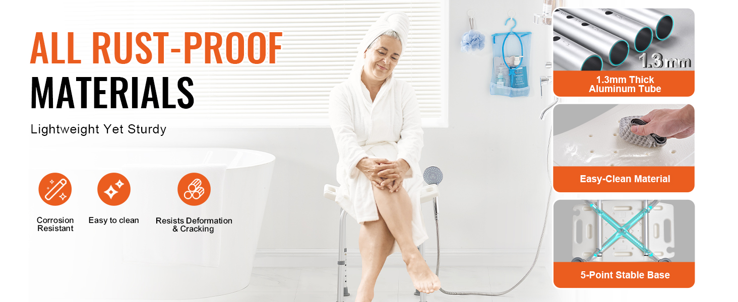 VEVOR shower chair - corrosion resistant, easy to clean, 1.3mm aluminum, 5-point base, lightweight yet sturdy.