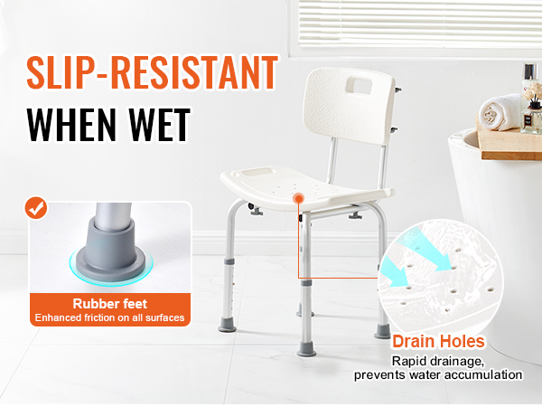 VEVOR shower chair with rubber feet and drain holes for slip-resistance and rapid drainage.