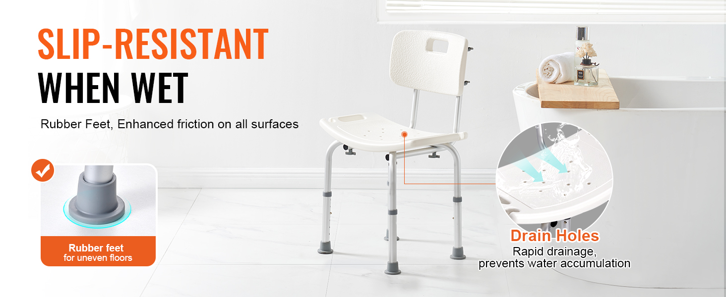 VEVOR shower chair with rubber feet and drain holes for slip-resistance and rapid drainage.