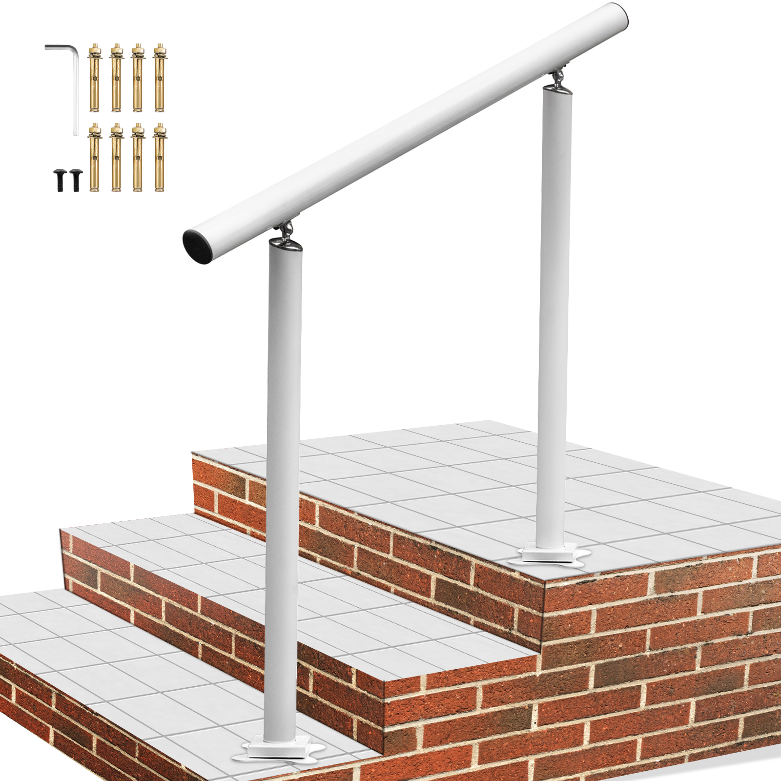 VEVOR outdoor stair railing installation on brick steps with included hardware kit.