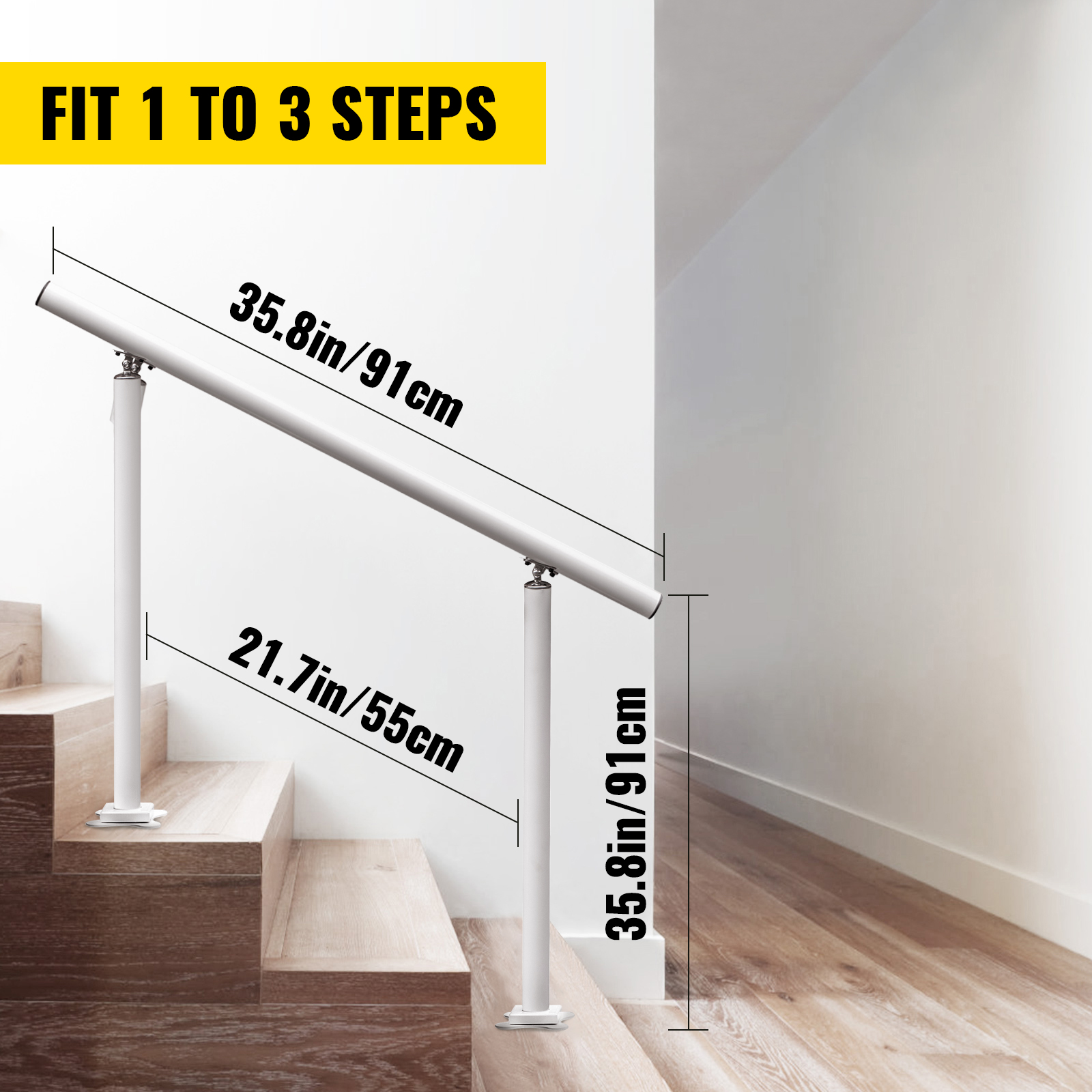VEVOR outdoor stair railing for 1 to 3 steps, dimensions: 35.8in x 21.7in x 35.8in.