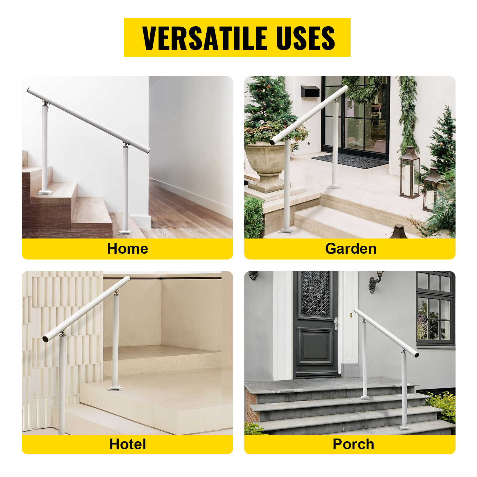 VEVOR outdoor stair railing for home, garden, hotel, and porch uses. versatile and sturdy.