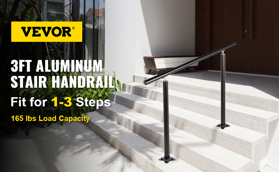 VEVOR outdoor stair railing on modern white steps, fits 1-3 steps, 165 lbs capacity.