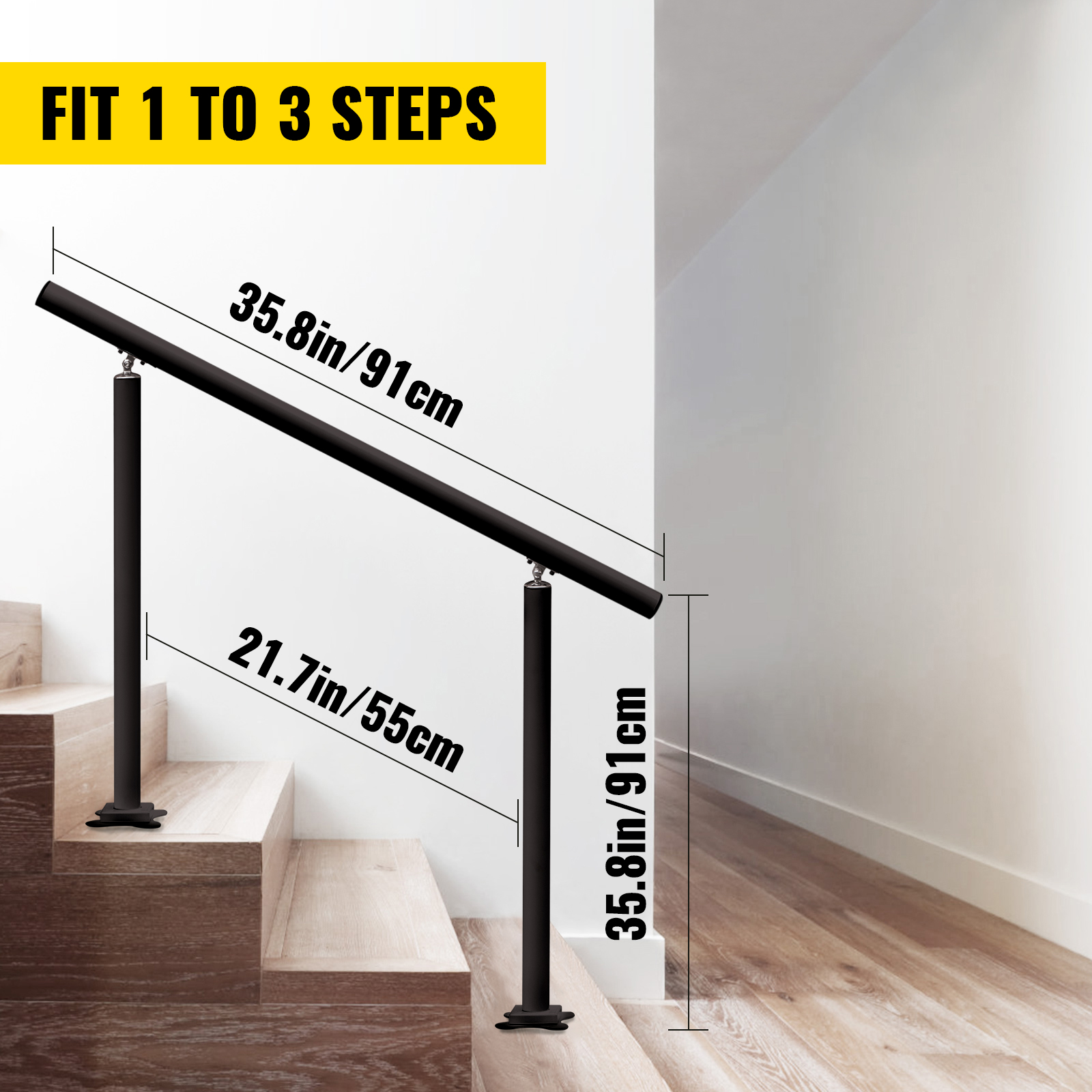 VEVOR outdoor stair railing for 1 to 3 steps, 91cm height, black.