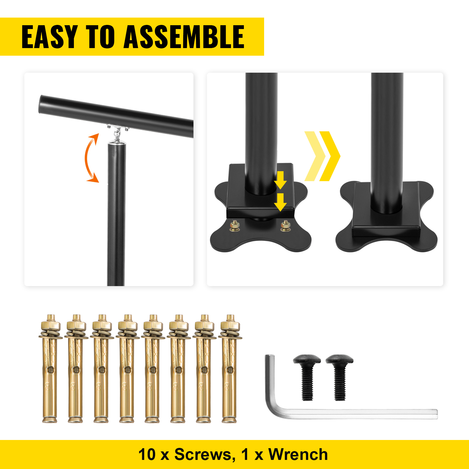 VEVOR outdoor stair railing assembly guide with base installation, screws, and wrench kit.