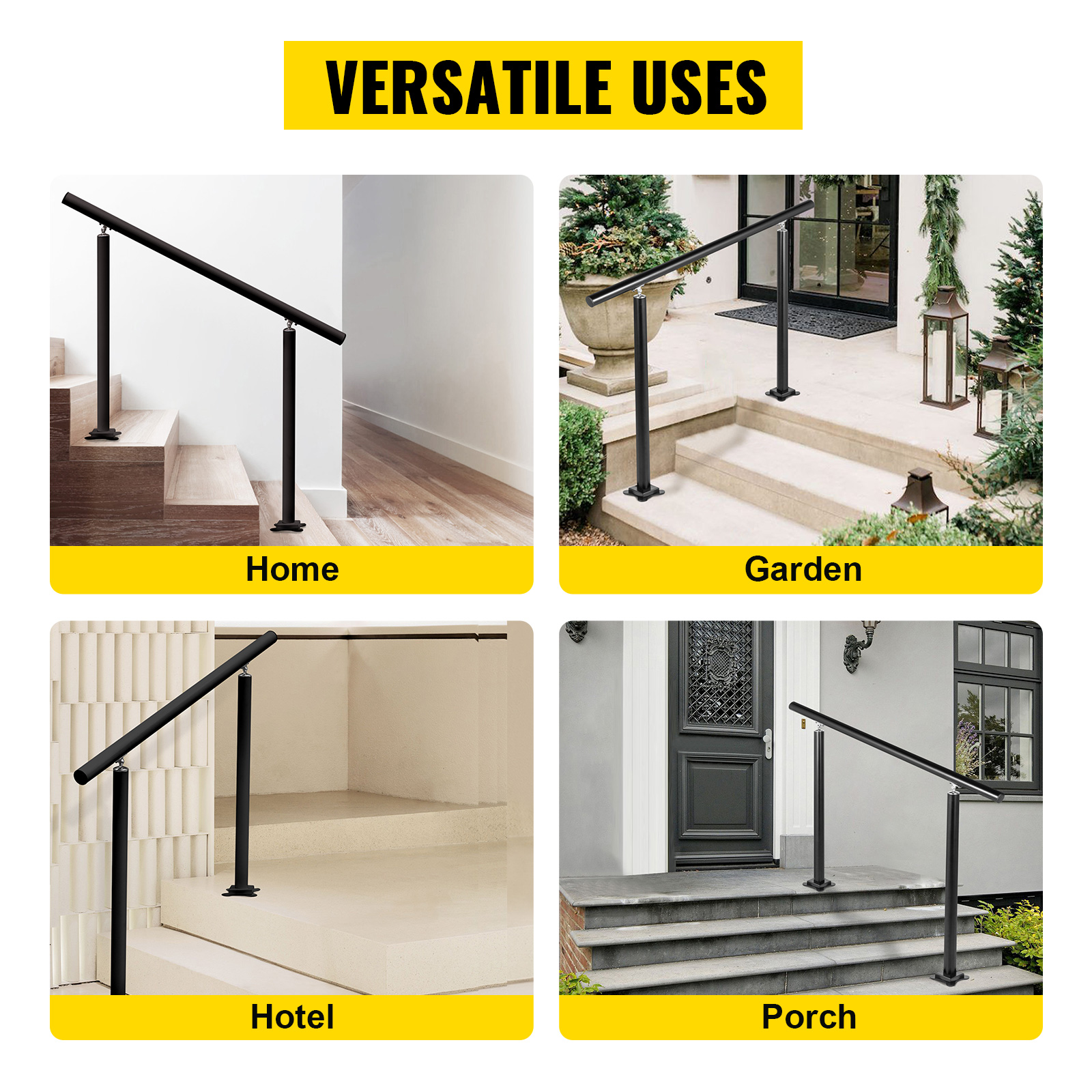 VEVOR outdoor stair railing for versatile uses in home, garden, hotel, and porch.